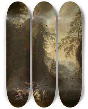 Triptych art skateboard deck of Maximilian Joseph Schinnagl Temptation Of Christ And Attending Angels by Maximilian Joseph Schinnagl (1697-1762)
