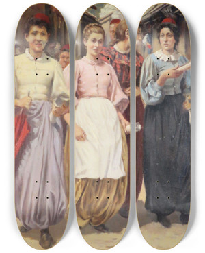 Triptych art skateboard deck of Franz Leo Ruben Vier Damen Am Basar Von Sarajevo by Franz Leo Ruben (1842-1920)