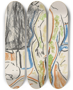 Triptych art skateboard deck of Ernst Ludwig Kirchner Stehender Weiblicher Akt by Ernst Ludwig Kirchner (1880-1938)