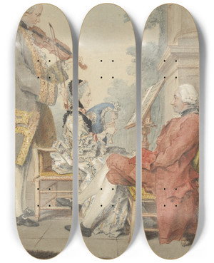 Triptych art skateboard deck of Louis Carrogis Carmontelle Monsieur And Madame Blizet With Monsieur Le Roy The Actor by Louis Carrogis Carmontelle (1717-1806)
