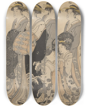 Triptych art skateboard deck of Kitagawa Utamaro Woman With Attendants by Kitagawa Utamaro (1753-1806)