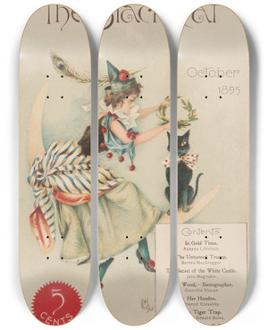 Triptych art skateboard deck of Nelly Littlehale Murphy The Black Cat October by Nelly Littlehale Murphy (1867-1941)