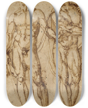 Triptych art skateboard deck of Baccio Bandinelli Study Of Two Men by Baccio Bandinelli (1493-1560)