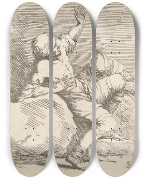 Triptych art skateboard deck of Salvator Rosa Man Pointing Upward And Soldier In Repose by Salvator Rosa (1615-1673)