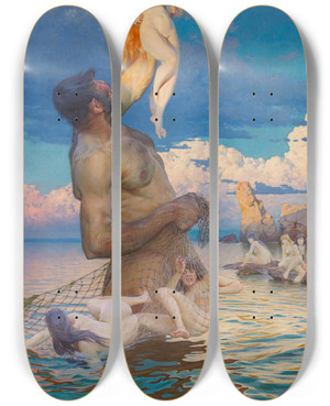 Triptych art skateboard deck of Max Pietschmann Fischzug Des Polyphem by Max Pietschmann (1865-1952)