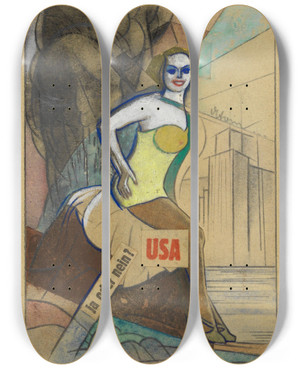 Triptych art skateboard deck of Karl Wiener Usa Yes Or No by Karl Wiener (1901-1949)