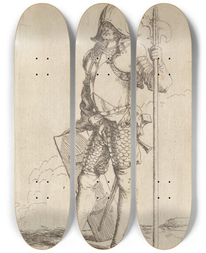 Triptych art skateboard deck of Salvator Rosa Soldier Standing Holding A Cane Facing Left by Salvator Rosa (1615-1673)
