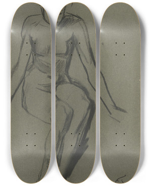 Triptych art skateboard deck of Wilhelm Trbner Sitting Female Nude by Wilhelm Trubner (1851-1917)