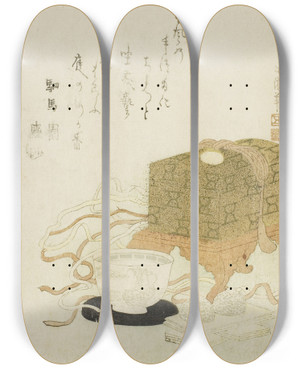 Triptych art skateboard deck of Hotei Gosei Magic Tezuma From The Series Various Arts Shogei Tsukushi by Hotei Gosei (1804-1844)