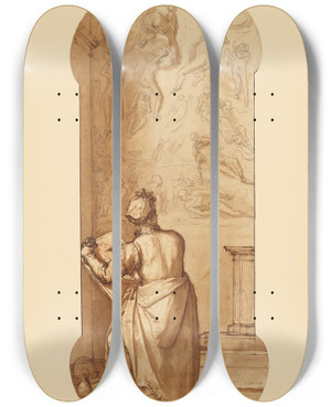 Triptych art skateboard deck of Federico Zuccaro Taddeo In The Sistine Chapel Drawing Michelangelos Last Judgment by Federico Zuccaro (1542-1609)