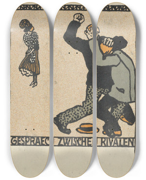 Triptych art skateboard deck of Moriz Jung Conversation Between Rivals Gespraech Zwischen Rivalen by Moriz Jung (1885-1915)