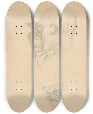 Triptych art skateboard deck of Gustv Mall Study Of A Head With Eyes Half Closed by Gustav Mally (1879-1952)