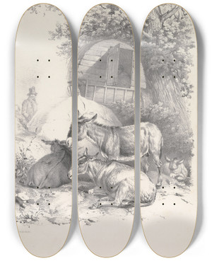 Triptych art skateboard deck of Thomas Sidney Cooper Thomas Sydney Coopers Cattle Subjects Pl06 by Thomas Sidney Cooper (1803-1902)