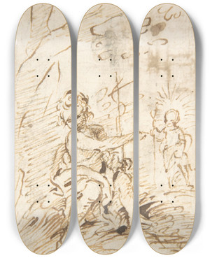 Triptych art skateboard deck of Pedro Duque Y Cornejo The Infant Saint John The Baptist With The Infant Christ In The Wilderness by Pedro Duque Y Cornejo (1677-1757)