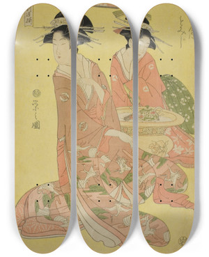 Triptych art skateboard deck of Chbunsai Eishi Beauties Parodying The Seven Sages A Selection Of Younger Courtesans Shichi Kenjin Yatsushi Bijin Shinzo Zoroe Momiji Of The Echizenya by Chobunsai Eishi (1756-1829)