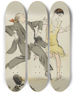 Triptych art skateboard deck of Georges Goursat Sem Homme Au Catogan Rouge Et Femme La Robe Jaune Dansant by Georges Goursat (Sem) (1863-1934)