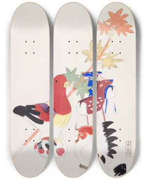 Triptych art skateboard deck of Kawasaki Kyosen Kyosens Collected Illustrations Of Japanese Toys Pl045 by Kawasaki Kyosen (1877-1942)