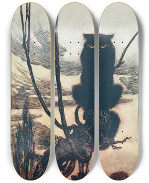 Triptych art skateboard deck of Arthur Rackham By Day She Made Herself Into A Cat by Arthur Rackham (1867-1939)