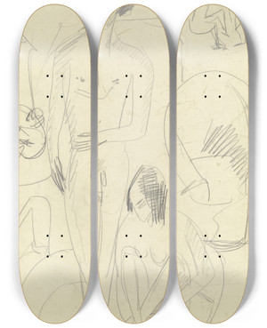 Triptych art skateboard deck of Ernst Ludwig Kirchner Bathing Couple In The Tub by Ernst Ludwig Kirchner (1880-1938)