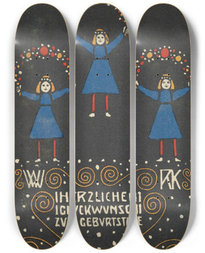 Triptych art skateboard deck of Rudolf Kalvach Happy Birthday Herzlichen Glckwunsch Zum Geburtstage by Rudolf Kalvach (1883-1932)