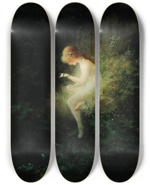Triptych art skateboard deck of Karl Wilhelm Diefenbach Girl Holding A Snake Innocence by Karl Wilhelm Diefenbach (1851-1913)