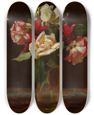 Triptych art skateboard deck of George Cochran Lambdin Still Life With Roses And Fuchsia by George Cochran Lambdin (1830-1896)