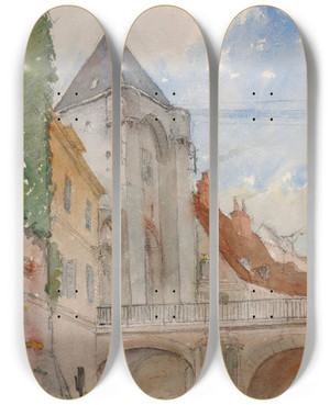 Triptych art skateboard deck of Cass Gilbert Bridge At Moret France by Cass Gilbert (1859-1934)