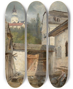 Triptych art skateboard deck of Vojtech Angyal Courtyard In Kremnica by Vojtech Angyal (1847-1928)