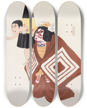 Triptych art skateboard deck of Kawasaki Kyosen Kyosens Collected Illustrations Of Japanese Toys Pl100 by Kawasaki Kyosen (1877-1942)