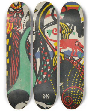 Triptych art skateboard deck of Rudolf Kalvach Humorous Subject 2 by Rudolf Kalvach (1883-1932)
