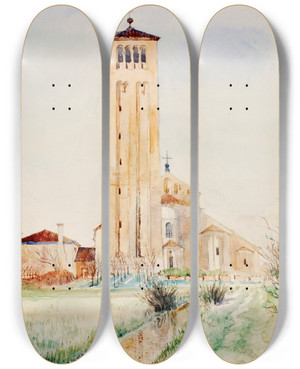 Triptych art skateboard deck of Cass Gilbert The Tower Cathedral Of Torcello by Cass Gilbert (1859-1934)