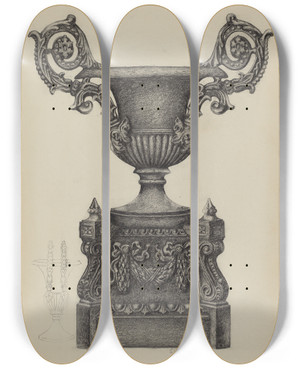 Triptych art skateboard deck of Austin L Davison Cast Iron Urn by Austin L Davison