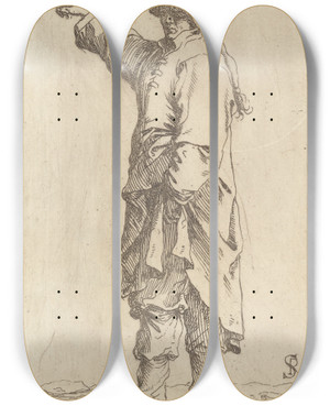 Triptych art skateboard deck of Salvator Rosa Man Standing With Arm Raised Pointing Toward The Left by Salvator Rosa (1615-1673)