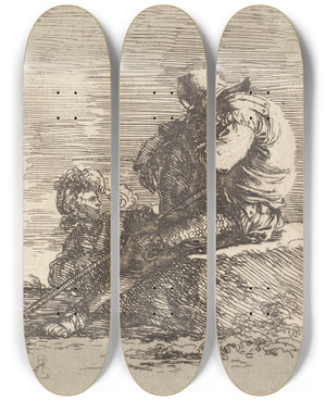 Triptych art skateboard deck of Salvator Rosa Two Soldiers One Seated On A Ledge Holding A Cane by Salvator Rosa (1615-1673)