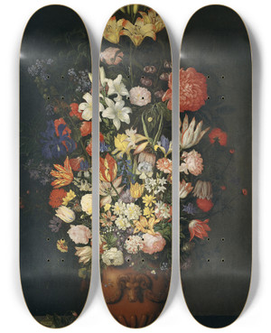 Triptych art skateboard deck of Ambrosius Bosschaert The Elder Still Life With A Vase Of Flowers by Ambrosius Bosschaert The Elder (1573-1621)