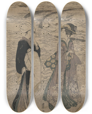 Triptych art skateboard deck of Toyokuni Utagawa Jibukiami by Toyokuni Utagawa (1769-1825)