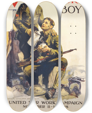 Triptych art skateboard deck of Arthur William Brown For Your Boy United War Work Campaign by Arthur William Brown (1881-1966)