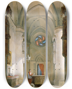 Triptych art skateboard deck of Leopold Ernst Das Innere Einer Taufkapelle by Leopold Ernst (1808-1862)