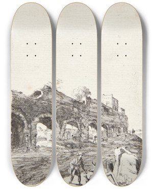 Triptych art skateboard deck of Bartholomeus Breenbergh Ruinerne Af Akvdukten Ved Mezza Via Nr Rom by Bartholomeus Breenbergh (1598-1657)
