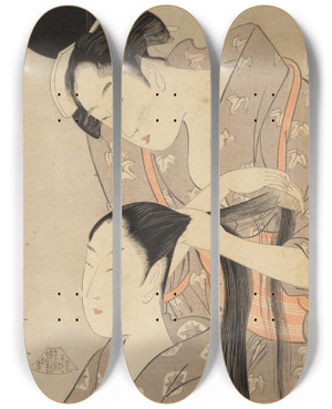 Triptych art skateboard deck of Kitagawa Utamaro The Hairdresser by Kitagawa Utamaro (1753-1806)