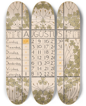 Triptych art skateboard deck of Theo Nieuwenhuis Kalenderblad Voor Augustus 1896 by Theo Nieuwenhuis (1866-1951)