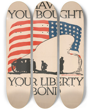 Triptych art skateboard deck of Vojtech Preissig Have You Bought Your Liberty Bond by Vojtech Preissig (1873-1944)