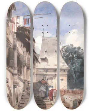 Triptych art skateboard deck of Richard Parkes Bonington Abbey Stamand Rouen by Richard Parkes Bonington (1802-1828)