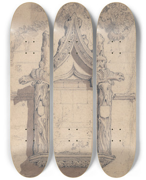 Triptych art skateboard deck of John Sell Cotman Sculpture Upon A House On The North Side Of The Cathedral At Bayeux by John Sell Cotman (1782-1842)