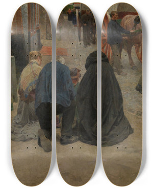 Triptych art skateboard deck of Frans Van Leemputten Arrival Of The Procession by Frans Van Leemputten (1850-1914)