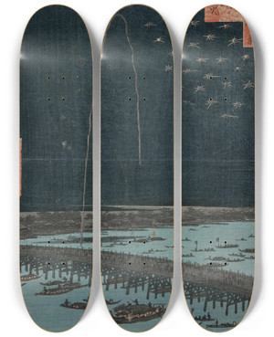 Triptych art skateboard deck of And Hiroshige Fireworks At Rygoku From The Series One Hundred Views Of Famous Places In Edo by Ando Hiroshige (1797-1858)