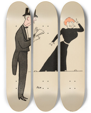 Triptych art skateboard deck of Georges Goursat Sem Une Rptition La Rue Royale by Georges Goursat (Sem) (1863-1934)