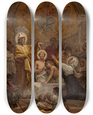 Triptych art skateboard deck of Diogne Maillart The Baptism Of Saint Augustine by Diogene Maillart (1840-1926)