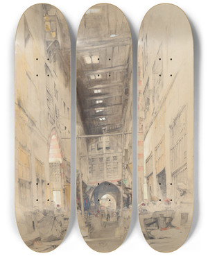 Triptych art skateboard deck of John Frederick Lewis The Bezestein Bazaar El Khan Khalil Cairo_2 by John Frederick Lewis (1805-1876)