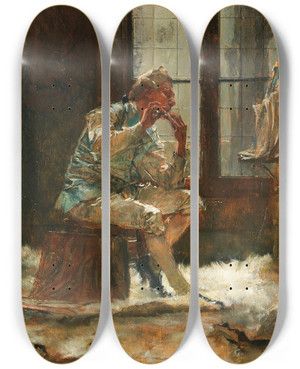 Triptych art skateboard deck of Gotthardt Kuehl Der Fltenspieler by Gotthardt Kuehl (1850-1915)